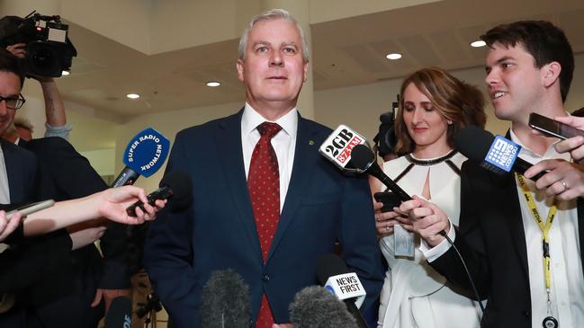 Michael McCormack talks to reporters after being reelected as Natoinals leader, with David Littleproud as his deputy. Picture Gary Ramage.