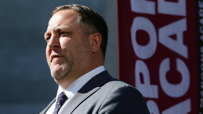 Rohan Sawyer speaks at the launch of a new TAFE and QRL partnership. Picture: AAP Image/Claudia Baxter