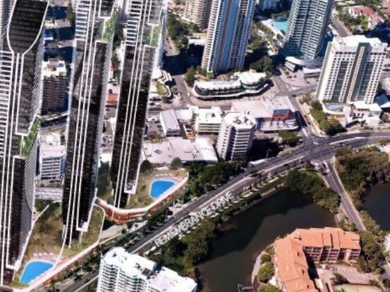 A marketing drawing showing three residential super towers as a potential development option at the Bruce Bishop car park site in Surfers Paradise.