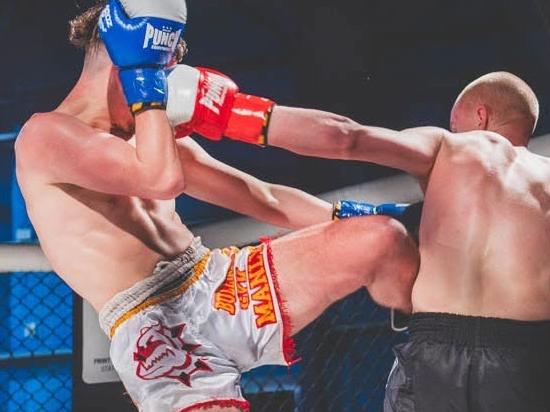 Tasmania Muay Thai athlete Billy Gibbon in action. Picture: Dogs of War Combat Sports