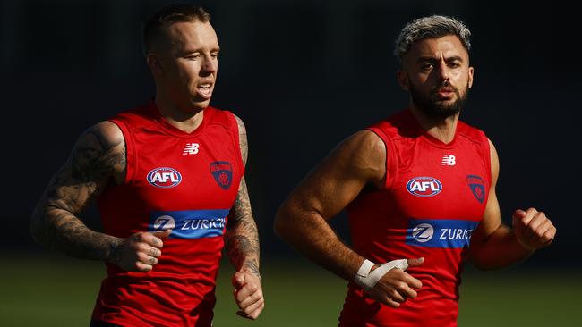 MELBOURNE, AUSTRALIA - MAY 23: James Harmes of the Demons (L) and Christian Salem of the Demons in action during a Narrm / Melbourne Demons AFL training session at Olympic Park on May 23, 2022 in Melbourne, Australia. (Photo by Daniel Pockett/Getty Images)