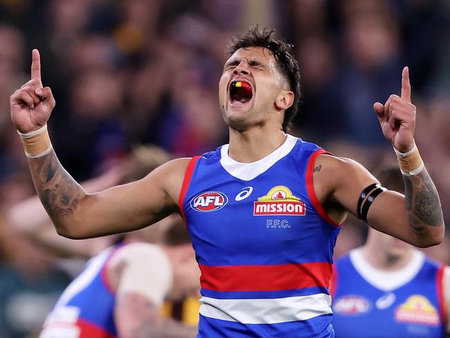 MELBOURNE, SEPTEMBER 6, 2024: 2024 AFL Football - Elimination Final - Western Bulldogs v Hawthorn at the MCG. Jamarra Ugle-Hagan of the Bulldogs celebrates a Sam Darcy goal. Picture: Mark Stewart