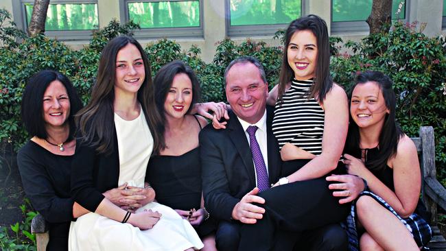 Barnaby Joyce with his estranged wife Natalie, left, and their daughters at Parliament House early last year.