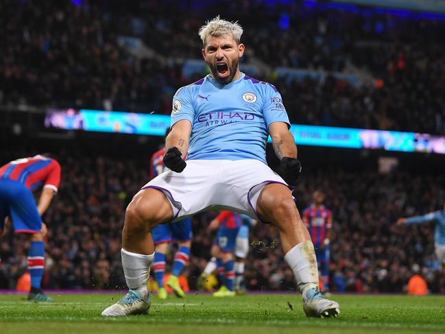 MANCHESTER, ENGLAND - JANUARY 18: Sergio Aguero of Manchester City celebrates scoring his second goal during the Premier League match between Manchester City and Crystal Palace at Etihad Stadium on January 18, 2020 in Manchester, United Kingdom. (Photo by Laurence Griffiths/Getty Images)