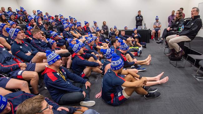 Daniher addresses Melbourne players and staff ahead of a Big Freeze match. Picture: Jay Town