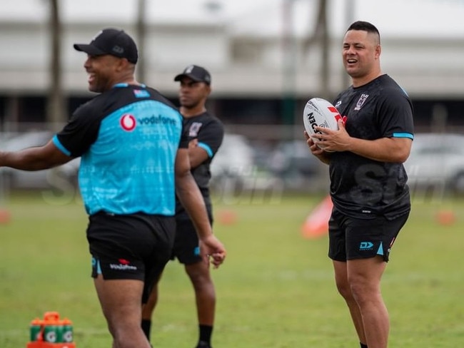 Jarryd Hayne (r) and Michael Jennings (l) at Fiji training. Picture: Fiji Sun