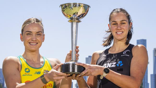 Diamonds captain Liz Watson and Silver Ferns captain Ameliaranne Ekenasio with the Constellation Cup ahead of the series opener in Melbourne on Thursday night. Picture: Daniel Pockett / Getty Images