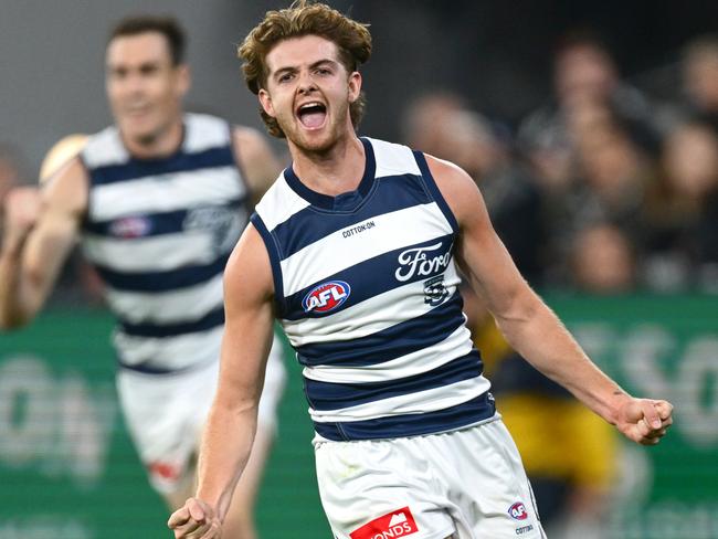 Oli Wiltshire celebrates his first AFL goal. Quinn Rooney/Getty Images)