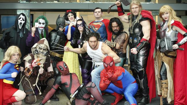 Oz ComicCon cosplayers, from left to right: Siobhan Hardiman as Supergirl, Adam Buick as Ghostface, Mike Kirtsanis as The Joker, Molly Simons as Scarecrow, Chris Rizzo as Batman, Mel-Dean Wilson as Deadpool, Samantha Obouhoff as Snow White, Hayley Priscilla as Huntress, Duse Soul-Vida as Wolverine, Jimmy Jb as Superman, Roddy Avard as Spider-Man, Arwin Nidea as Aquaman, Andrew Lutomski as Thor and Jacqui Sale as Lady Thor. Picture: David Caird.