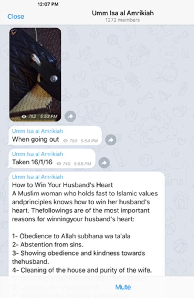 NO NEWS.COM SUNDAY NEWSPAPERS ONLY. Screen grabs from the Telegram account of Umm Isa Al Amrikiah also known as Shadi Jabar (the sister of Farhad Jabar who shot and killed Curtis Cheng). Telegram is an encrypted web based messaging system.