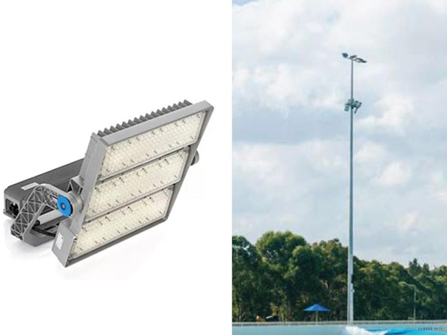 Left: The Luminaire Philips ArenaVision LED light proposed to light up the wave pool. Right: The proposed 27-metre highlight pole. Photos: Future Urban