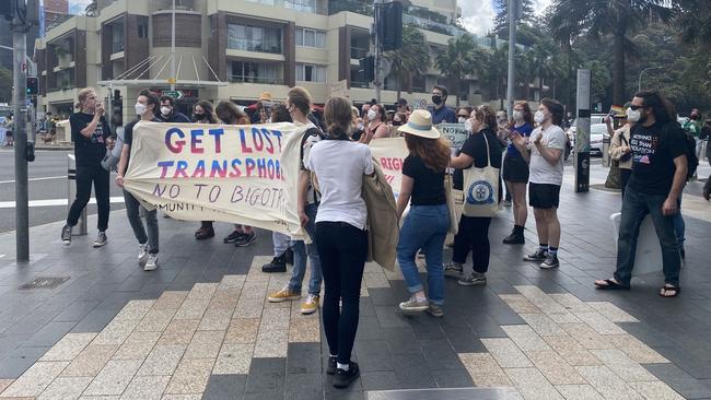 The Community Action for Rainbow Rights group held a rally at The Corso in Manly to protest Deves’ endorsement despite anti-transgender tweets. Picture: Dana Pendrick