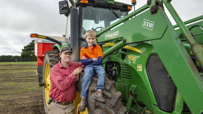 Damp underfoot: Skipton grain grower Anthony Mulcahy with son Patrick. Picture: Zoe Phillips.