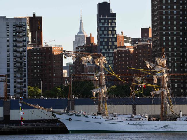 The Mexican Navy sailing ship that crashed into the Brooklyn Bridge sits moored in lower Manhattan on May 18, 2025 in New York City. Picture: Getty Images via AFP