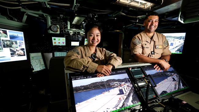 US navy Lieutenant Junior Grade Alexis Park and Commander Jeffrey Corneille aboard the Virginia-class fast-attack submarine USS Minnesota docked at HMAS Stirling. Picture: NewsWire/Pool/ Colin Murty