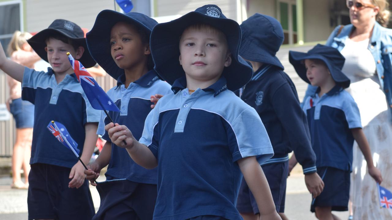 Young students from St. Joseph's Primary School in Alstonville join the march during the ANZAC DAY parade on Main Street in Alstonville Picture: Nicholas Rupolo.