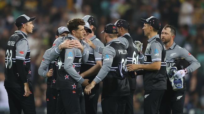 Mitchell Santner celebrates the wicket of Aaron Finch. Picture: Getty