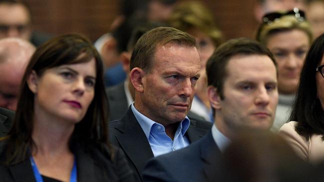 Tony Abbott during Malcolm Turnbull’s speech at the Liberal Party’s federal council meeting. Picture: Dan Himbrechts/AAP