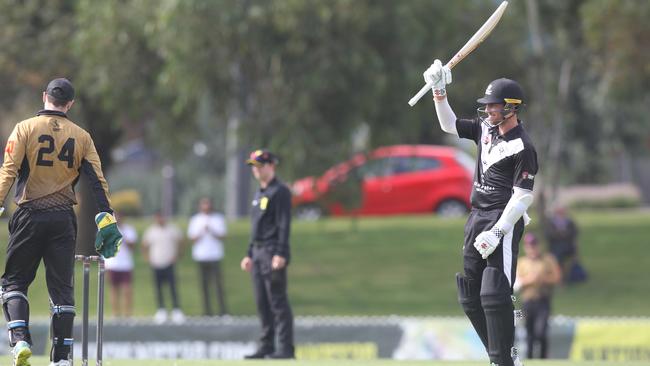 Will Bosisto acknowledges applause after hitting an unbeaten century. Picture: Dean Martin