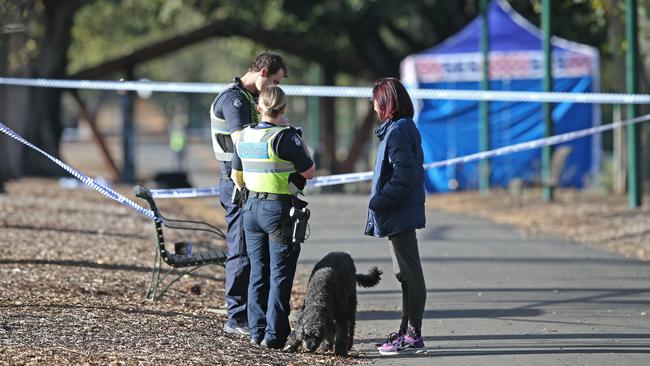 Police speak with a dog walker at the scene. Picture: David Crosling