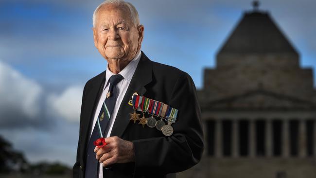 WWII veteran Jack Braidie, 100, will pay his respects at the Shrine on Anzac Day. Picture: Tony Gough