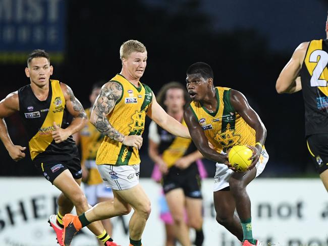 AFL draft prospect Maurice Rioli Jr playing for NTFL, club St Mary's in February, 2020., Must credit: Felicity Elliott/AFLNT Media.