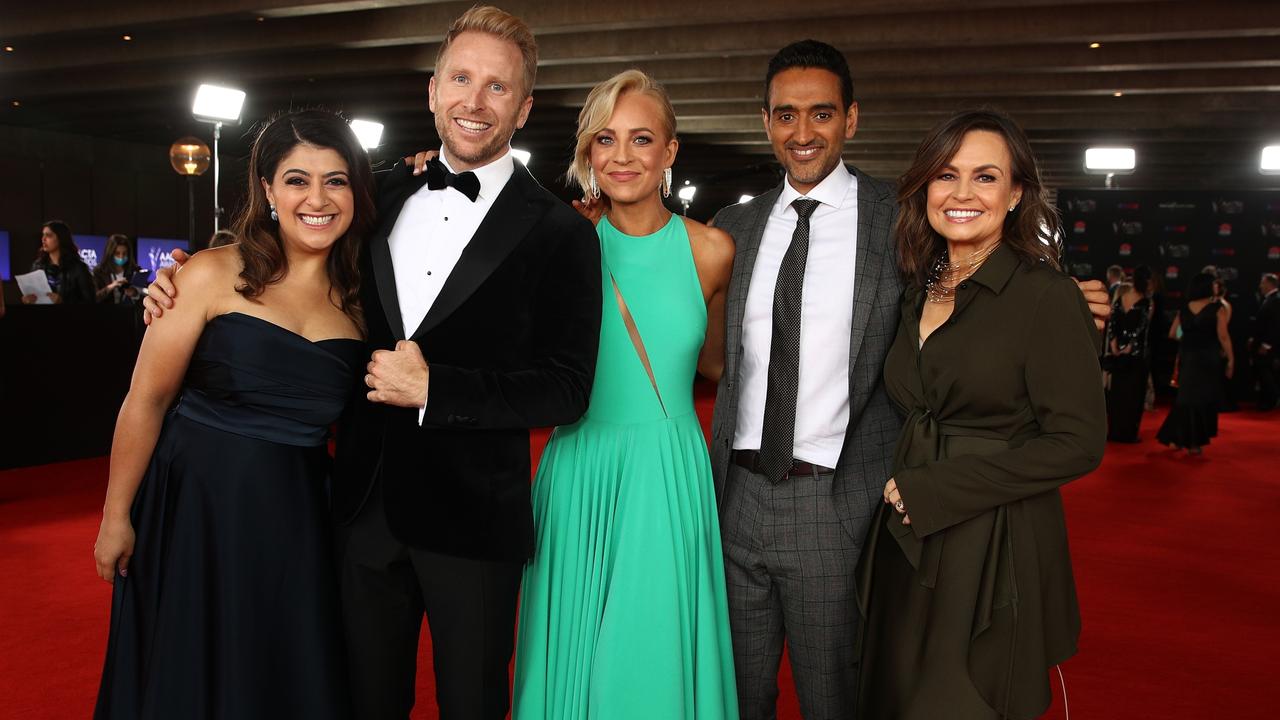 Project cast members, from left, Susie Youssef, Hamish Macdonald, Carrie Bickmore, Waleed Aly and Lisa Wilkinson arrive ahead of the AACTA Awards. Picture: Lisa Maree Williams/Getty