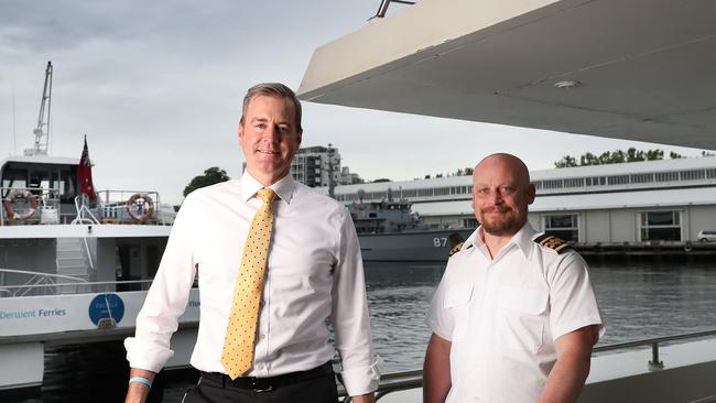 Minister Michael Ferguson with skipper Josh Newton to announce an additional ferry being added to the Bellerive to Hobart service to allow more services during peak times. Picture Nikki Davis-Jones