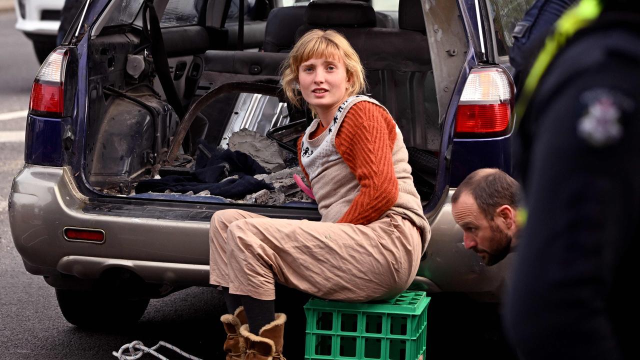 She caused chaos when she cemented her arm to the back of a hatchback. Picture: AFP