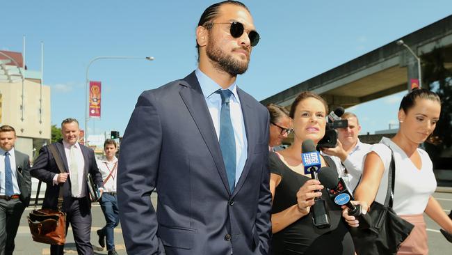 Rugby union player Karmichael Hunt leaves the Magistrates Court in Brisbane on February 19, 2018. Picture: AAP Image/Jono Searle