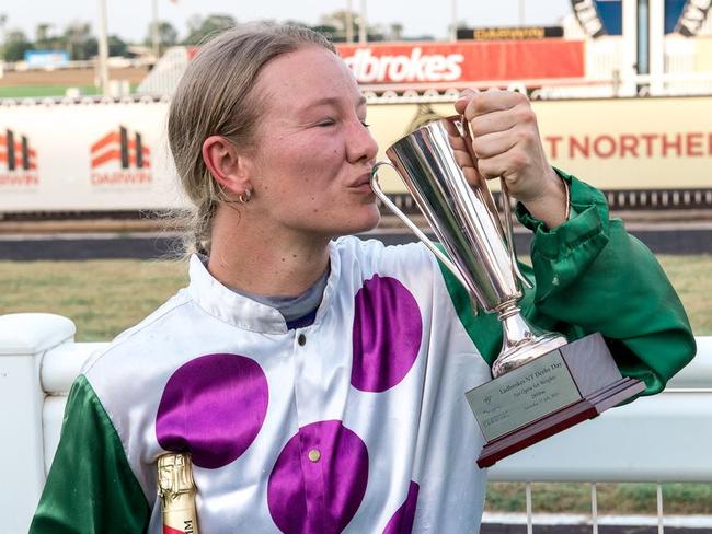 Jockey Sonja Wiseman savours her victory on Sanblas after the 2021 NT Derby. Picture: Caroline Camilleri