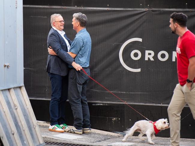 The Prime Minister pictured with Deputy Prime Minister Richard Marles and Toto while visiting Willie the Boatman in St Peters. Picture: NewsWire / Monique Harmer