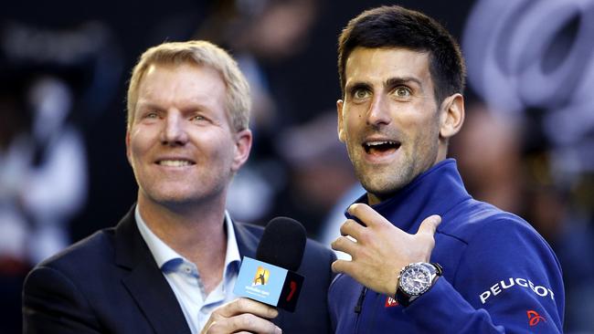 Novak Djokovic talking with Courier following his fourth round win at the Australian Open in 2016. Picture: AFP