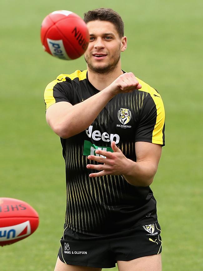 Dion Prestia warms up at Punt Rd today.