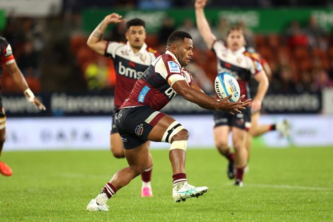 Filipo Daugunu of the Queensland Reds during the round eight Super Rugby Pacific match between Chiefs and Queensland Reds at FMG Stadium. Photo by Michael Bradley/Getty Images.