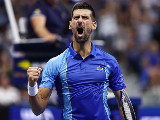 NEW YORK, NEW YORK - SEPTEMBER 10: Novak Djokovic of Serbia celebrates after a point against Daniil Medvedev of Russia during their Men's Singles Final match on Day Fourteen of the 2023 US Open at the USTA Billie Jean King National Tennis Center on September 10, 2023 in the Flushing neighborhood of the Queens borough of New York City.   Elsa/Getty Images/AFP (Photo by ELSA / GETTY IMAGES NORTH AMERICA / Getty Images via AFP)