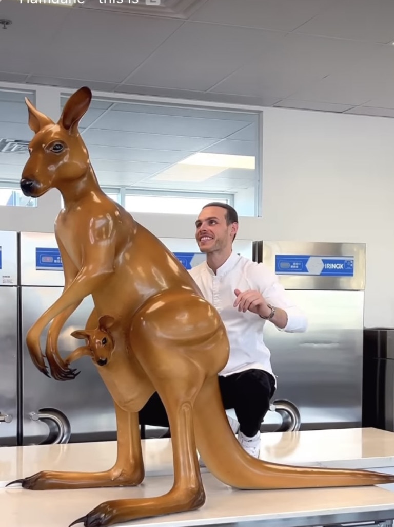 Amaury Guichon with his life-size chocolate kangaroo, complete with joey in its pouch when he announced he’d be joining Melissa Leong as judge on Dessert Masters. Picture: Instagram/Supplied