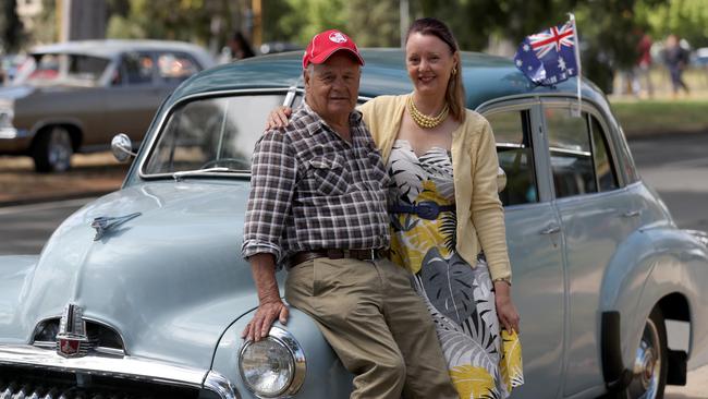 Max Freeman with daughter Gayle with their 1955 FJ Holden yesterday. Picture: Kelly Barnes