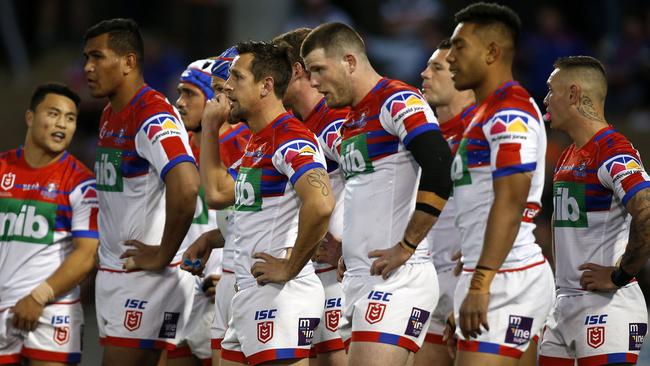 Knights players look on during the Round 23 NRL match between the Wests Tigers and the Newcastle Knights at Campbelltown Stadium in Sydney, Saturday, August 24, 2019. (AAP Image/Darren Pateman) NO ARCHIVING, EDITORIAL USE ONLY