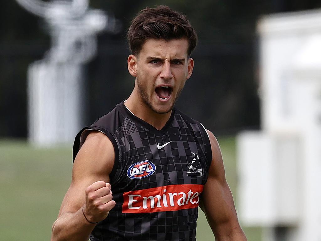 Nick Daicos celebrates during a goalkicking competition . Picture: Michael Klein