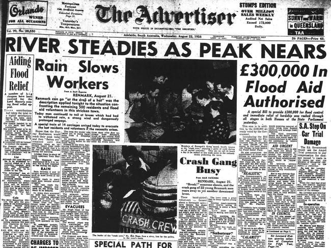 Coverage of the floods by journalist Max Fatchen in The Adveriser, August 22, 1956.