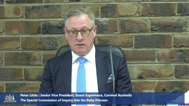 Peter Little, Senior Vice President, Guest Experience at Carnival Australia, gives evidence at the Special Commission of Inquiry into the Ruby Princess and its handling during COVID-19, on Friday.