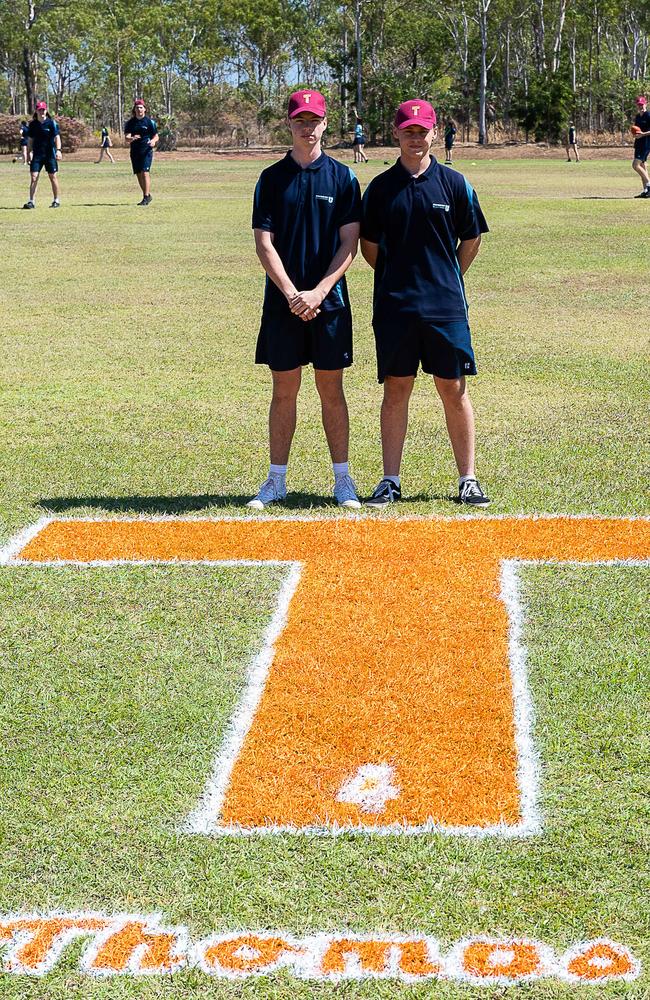 Michael Bartie and Nicholas Harrington at Good Shepherd Lutheran College and Taminmin play T for Thomas AFL matches to raise awareness for sepsis. Picture: Pema Tamang Pakhrin