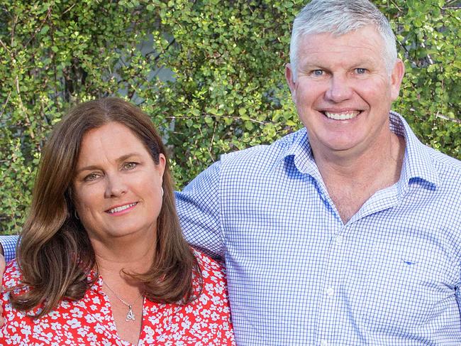 Former Australian rules footballer, coach and football commentator Danny Frawley speaks with Hamish McLachlan. Danny with wife Anita and daughters L to R Danielle, Chelsea and Keeley. Picture: Mark Stewart