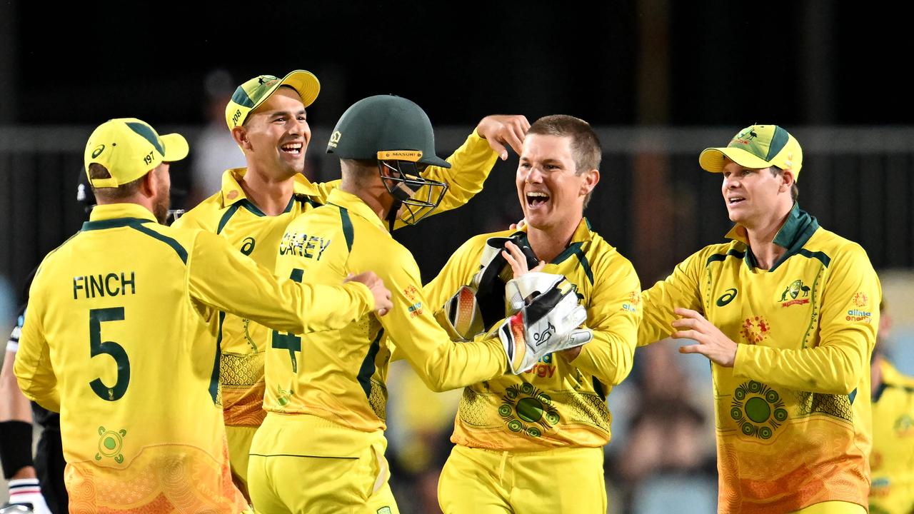 Adam Zampa celebrates his wicket of New Zealand’s Trent Boult. Photo by Saeed Khan / AFP