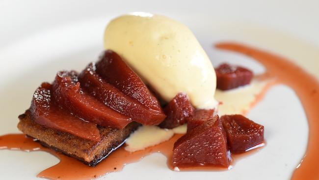 Midnight Starling’s toasted gingerbread cake with poached quince and vanilla ice cream. Picture: David Smith