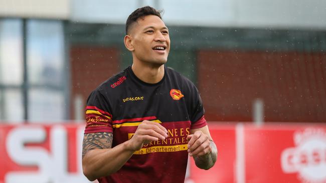 Israel Folau has his first training session with Catalan Dragons on Wednesday. Picture: Catalan Dragons