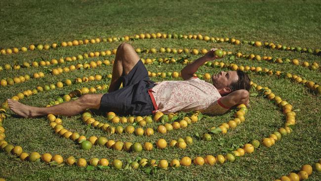 Laying in a pattern of oranges