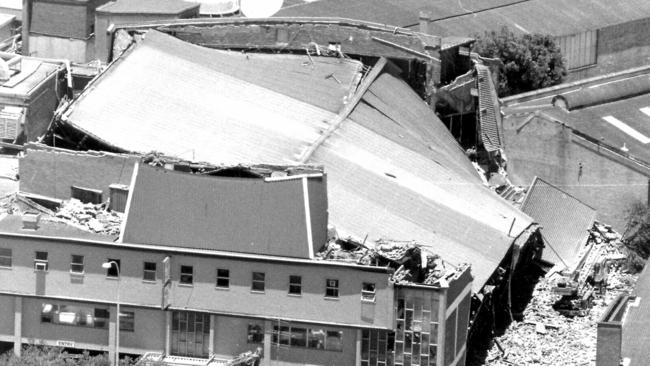 Aerial view of damage to Newcastle Workers Club caused by the Newcastle earthquake in 1989. Picture: Supplied