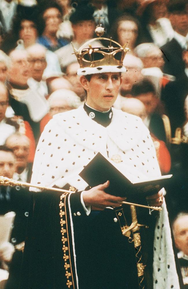 Then-Prince Charles, wearing the gold coronet of the Prince of Wales, looks on at his investiture as Prince of Wales on July 1, 1969 in Caernarvon, Wales. Picture: Anwar Hussein/Getty Images